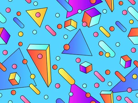 Geometric seamless pattern with 3d shapes in 80s style. Colorful gradient g.. Stock Illustration