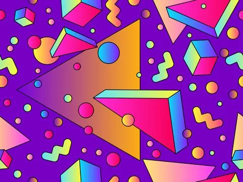 Geometric seamless pattern with 3d shapes in 80s style. Colorful gradient g.. Stockillustratie