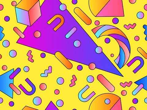Geometric seamless pattern with 3d shapes in 80s style. Colorful gradient g.. Illustrazione stock
