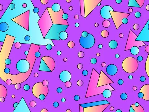 Geometric seamless pattern with 3d shapes in 80s style. Colorful gradient g.. Stock Illustration