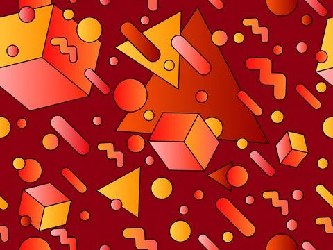 Geometric seamless pattern with 3d shapes in 80s style. Colorful gradient g.. Stock Illustration