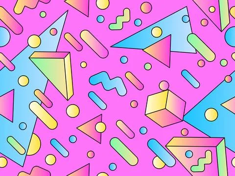 Geometric seamless pattern with 3d shapes in 80s style. Colorful gradient g.. Stockillustratie