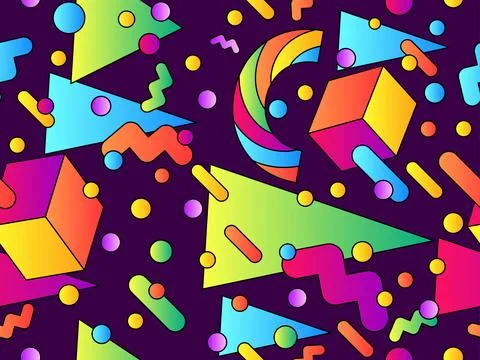 Geometric seamless pattern with 3d shapes in 80s style. Colorful gradient g.. イラスト素材