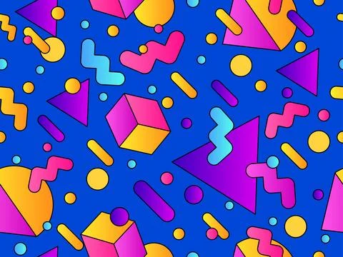 Geometric seamless pattern with 3d shapes in 80s style. Colorful gradient g.. Illustrazione stock