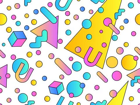 Geometric seamless pattern with 3d shapes in 80s style. Colorful gradient g.. Stock Illustration