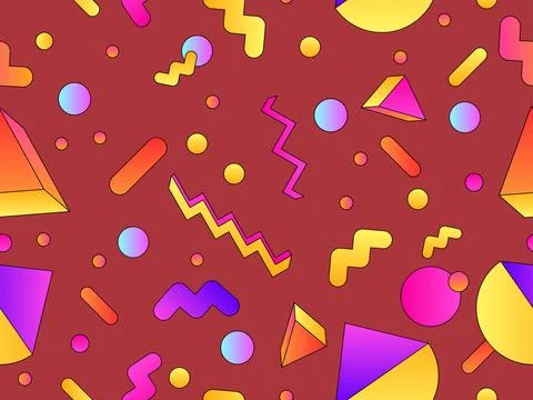 Geometric seamless pattern with 3d shapes in 80s style. Colorful gradient g.. Stock Illustration