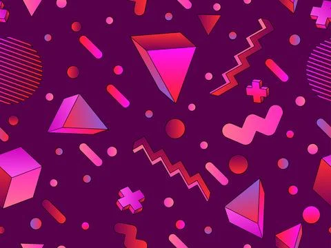 Geometric seamless pattern with 3d shapes in 80s style. Colorful gradient g.. Illustrazione stock