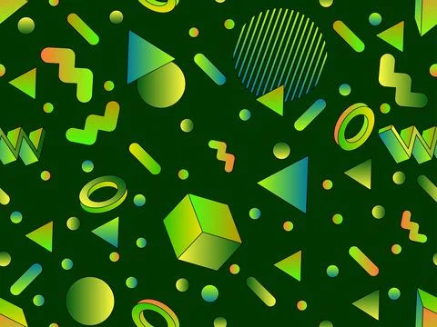 Geometric seamless pattern with 3d shapes in 80s style. Colorful gradient g.. Illustrazione stock