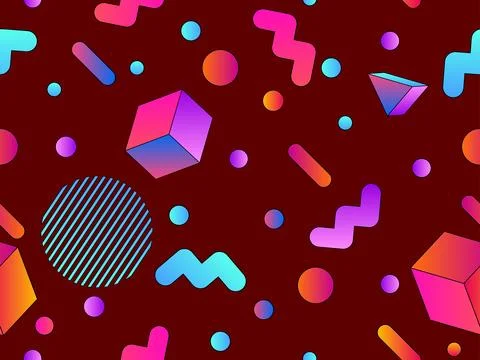 Geometric seamless pattern with 3d shapes in 80s style. Colorful gradient g.. Stock Illustration