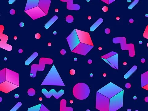 Geometric seamless pattern with 3d shapes in 80s style. Colorful gradient g.. Stockillustratie