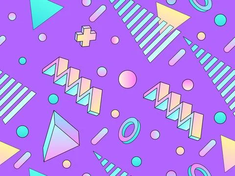 Geometric seamless pattern with 3d shapes in 80s style. Colorful gradient g.. Stockillustratie
