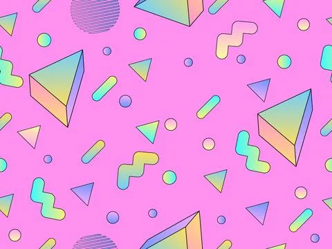 Geometric seamless pattern with 3d shapes in 80s style. Colorful gradient g.. Stock Illustration