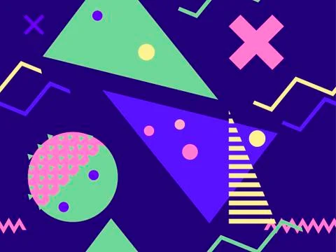 Geometric seamless pattern in 80s memphis style. Trend colors. Vector illustr Illustrazione stock