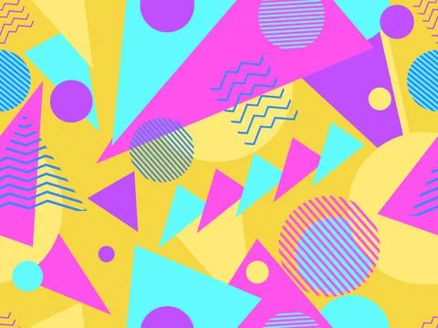 Geometric seamless pattern in 80s memphis style. Colorful background with geo Stock Illustration