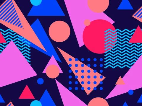 Geometric seamless pattern in 80s memphis style. Colorful background with geo Stock Illustration