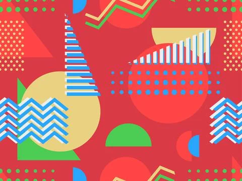 Geometric seamless pattern in 80s memphis style. Colorful background with geo Stock Illustration