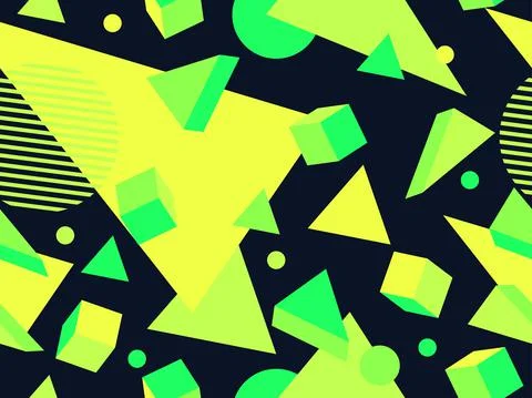 Geometric seamless pattern in 80s memphis style. Background with green geomet Stock Illustration