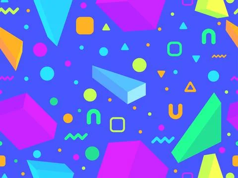 Geometric seamless pattern in 80s memphis style. Isometric geometric 3D shape Stock Illustration