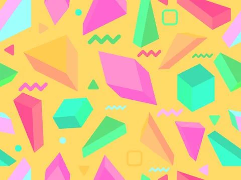 Geometric seamless pattern in 80s memphis style. Isometric geometric 3D shape Stock Illustration