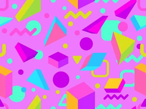 Geometric seamless pattern in 80s memphis style. Isometric geometric 3D shape Illustrazione stock