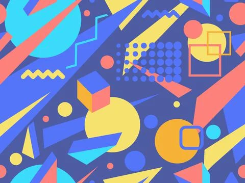 Geometric seamless pattern in 80s memphis style. Isometric geometric 3D shape Stock Illustration