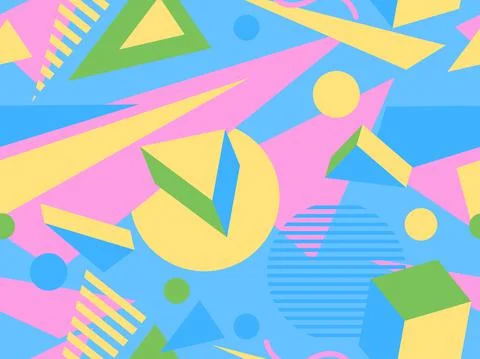 Geometric seamless pattern in 80s memphis style. Isometric geometric 3D shape Stock Illustration