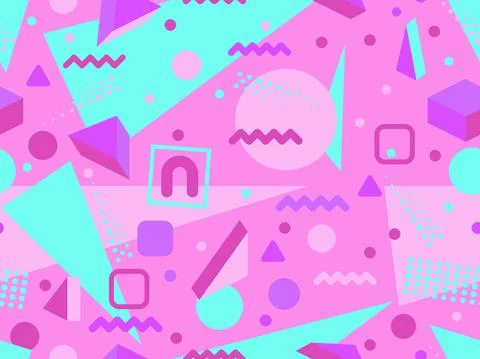Geometric seamless pattern in 80s memphis style. Isometric geometric 3D shape Illustrazione stock