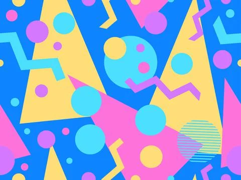 Geometric seamless pattern in 80s memphis style. Colorful background with geo Stock Illustration
