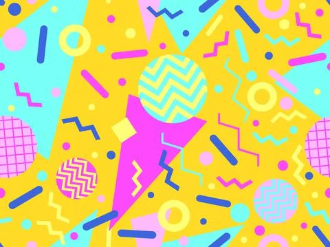 Geometric seamless pattern in 80s memphis style. Colorful background with geo Stock Illustration
