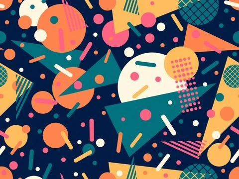 Geometric seamless pattern in 80s memphis style. Colorful background with geo Stock Illustration