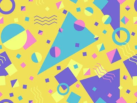 Geometric seamless pattern in 80s memphis style. Colorful background with geo Stock Illustration