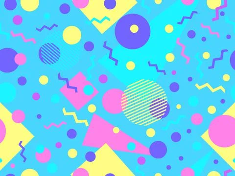 Geometric seamless pattern in 80s memphis style. Colorful geometric shapes on Illustrazione stock