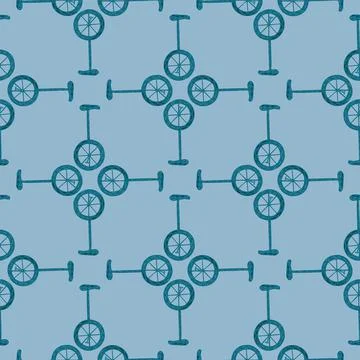 Geometric seamless pattern with abstract bicycle ornament. Blue palette ornam Stock Illustration