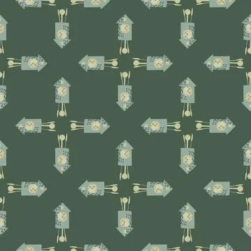 Geometric seamless pattern with abstract blue cuckoo clock ornament. Green da Stock Illustration