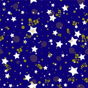 Geometric seamless pattern in abstract memphis style, gold circles, stars, sp Stock Illustration