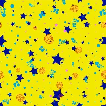 Geometric seamless pattern in abstract memphis style, gold circles, stars, sp Stock Illustration