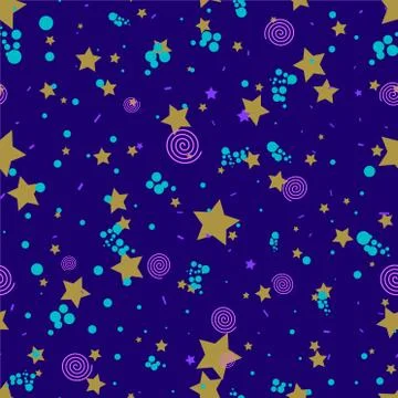 Geometric seamless pattern in abstract memphis style, gold circles, stars, sp Stock Illustration