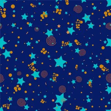 Geometric seamless pattern in abstract memphis style, gold circles, stars, sp Stock Illustration