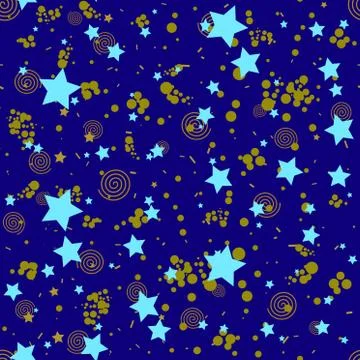 Geometric seamless pattern in abstract memphis style, gold circles, stars, sp Stock Illustration