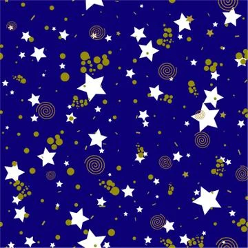 Geometric seamless pattern in abstract style, gold circles, stars, spirals. Stock Illustration