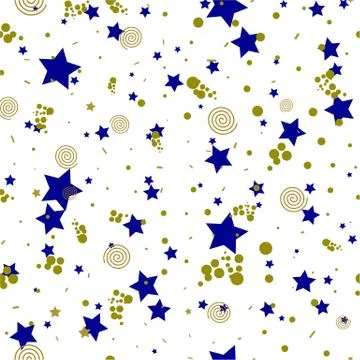 Geometric seamless pattern in abstract style, gold circles, stars, spirals. Stock Illustration