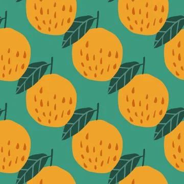 Geometric seamless pattern with apples and leaves on green background. Stock Illustration