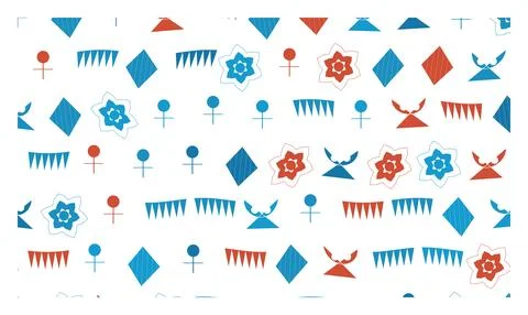Geometric seamless pattern with blue and red stylized symbols on white back.. Illustrazione stock