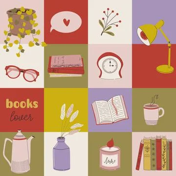 Geometric seamless pattern with books and cozy home elements Stock Illustration
