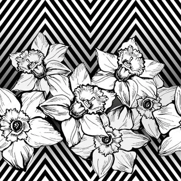 Geometric seamless pattern border with hand drown flowers Daffodils Stock Illustration