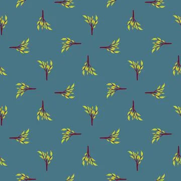 Geometric seamless pattern with bright yellow leaf branches shapes. Blue past Stock Illustration