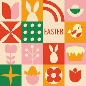 Geometric seamless pattern with bunny, spring flowers, bird, cake. 스톡 일러스트