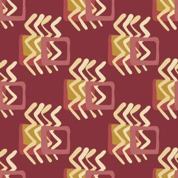 Geometric seamless pattern with burgundy background and yellow elements. Stock Illustration