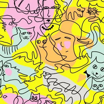Geometric seamless pattern in cartoon style with female faces and cats Stock Illustration
