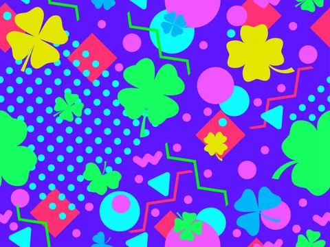 Geometric seamless pattern with clover in 80s style. Green four-leaf clover.. Stock Illustration